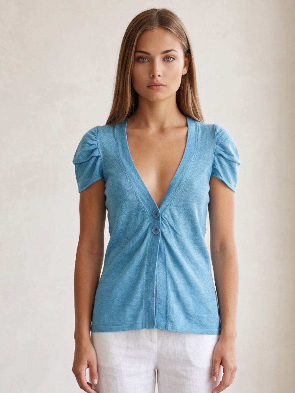 🌻NEW Dolce Cabo Soft Denim Blue Linen Blend Knit Top Puff Sleeve V-Neck Size M